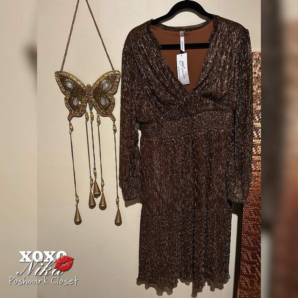 NY Collection Shimmering Gold Long Sleeve Dress - Size XL